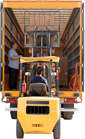 worker using a forklift rental to load boxes into the back of a truck