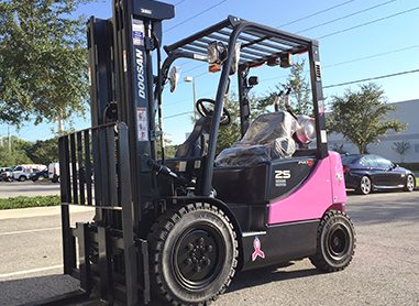 A custom pink Doosan forklift