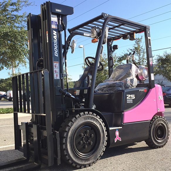 A custom pink Doosan forklift